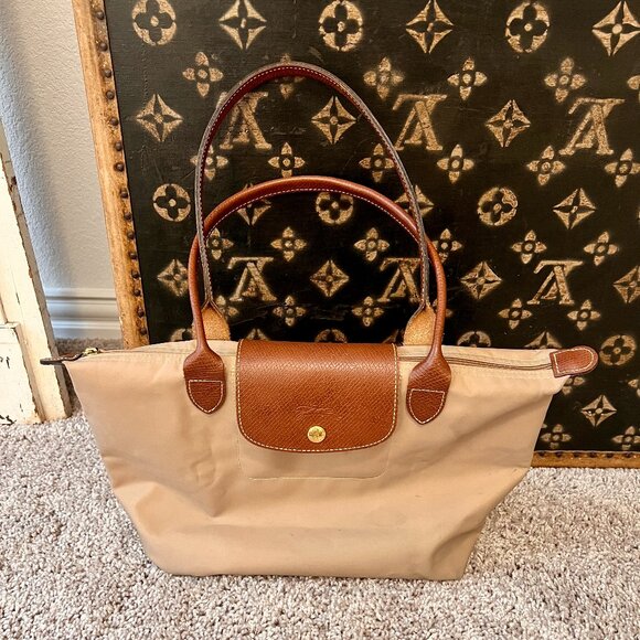 Longchamp Medium Le Pilage Tote Bag Khaki Tan Nylon, Brown Leather Medium Straps - Picture 1 of 6